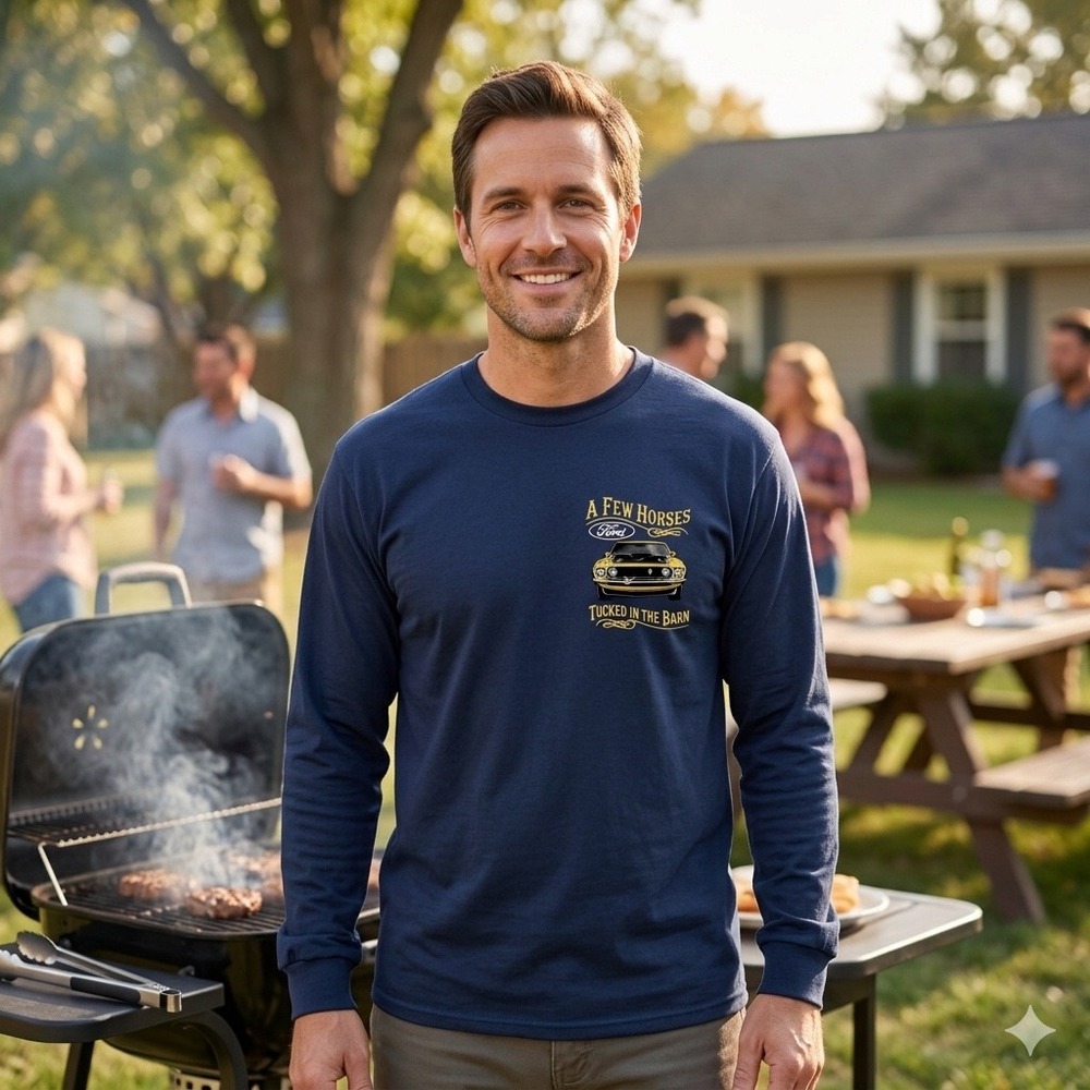 Ford Mustang Long Sleeve T-Shirt Mens Med Navy Blue Excellent Barn Graphic Tee